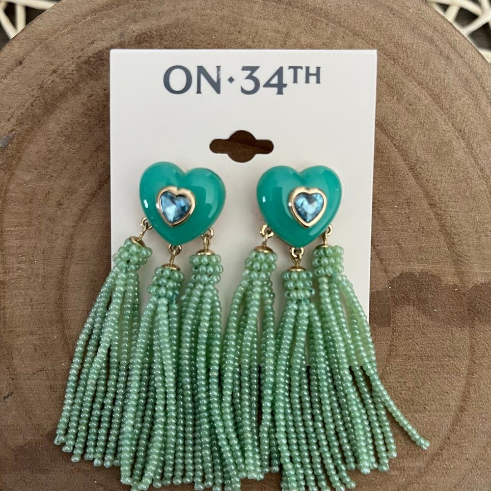 ON 34th, Emerald Green and Gold Heart Tassel Seed Bead Earrings